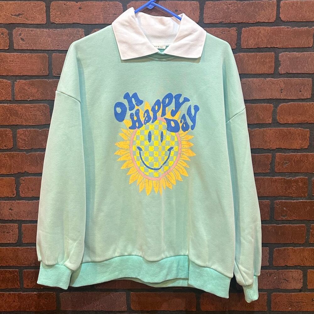Baevely Anthropologie Mint Green Smiley Face Sweatshirt Positivity Oh Happy Day